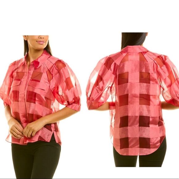 REBECCA Taylor Silk ORGANZA CHECK Button Down Blouse TOP - Picture 1 of 8